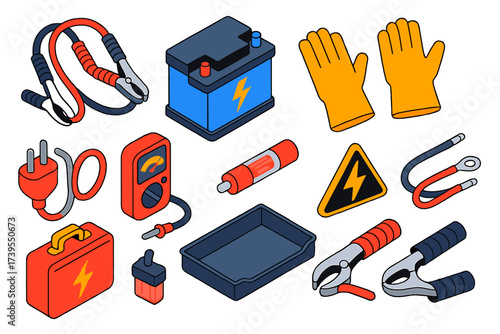 Car Power Boost Essentials. Isometric vector illustration set Car power boost: Jumper wires, Battery, Clamp connectors, Insulated