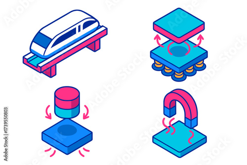 Maglev Technology Icons. Isometric vector illustration set Magnetic Levitation Concepts: maglev train track, floating platform,
