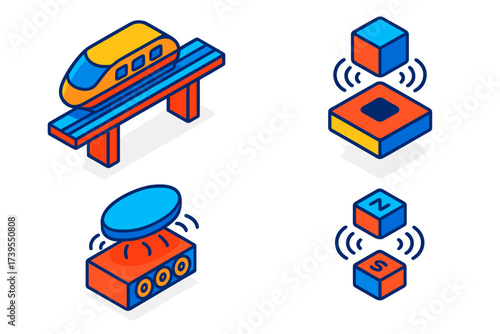 Maglev Technology Icons. Isometric vector illustration set Magnetic Levitation Concepts: maglev train track, floating platform,