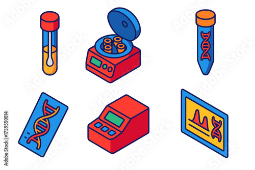 DNA Testing Tools. Isometric vector illustration set DNA Testing Tools: swab sample, centrifuge machine, DNA extraction tube. PCR