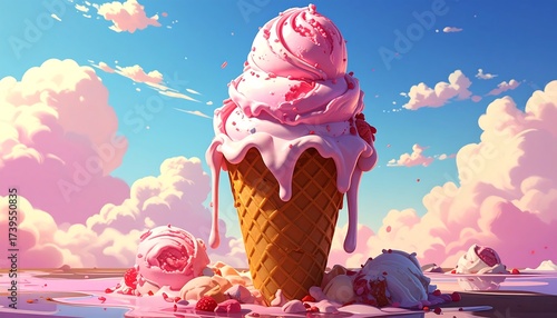 Giant ice cream cone with pink melting ice cream and a sky full of clouds