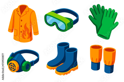 Chemistry Safety Gear Icons. Isometric vector illustration set Chemistry Safety Equipment: flame-resistant lab coat, anti-fog