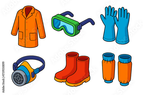 Chemistry Safety Gear Icons. Isometric vector illustration set Chemistry Safety Equipment: flame-resistant lab coat, anti-fog