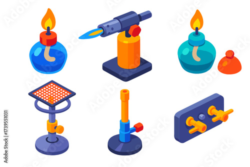 Controlled Flame Devices. Isometric vector illustration set Controlled Flame Devices: alcohol burner with wick, mini blowtorch on