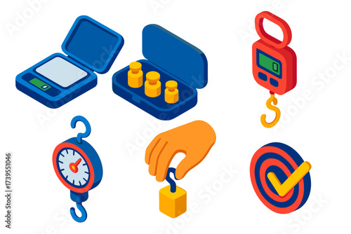 Colorful Weighing Devices. Isometric vector illustration set Portable Weighing Devices: pocket scale with screen, hanging hook