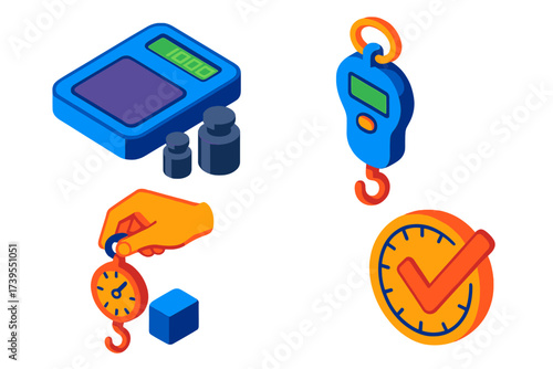 Colorful Weighing Devices. Isometric vector illustration set Portable Weighing Devices: pocket scale with screen, hanging hook