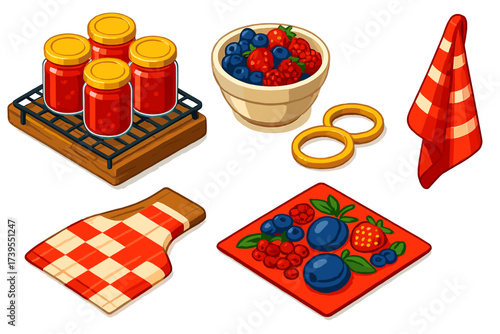 Cottage Jam Kitchen. Isometric vector illustration set Cottage Jam Kitchen: jam jars cooling on rack, berries in bowl, sealed lids