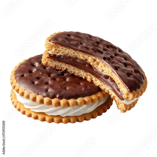 Two chocolate-covered sandwich cookies, one partially revealing a creamy, marshmallow filling