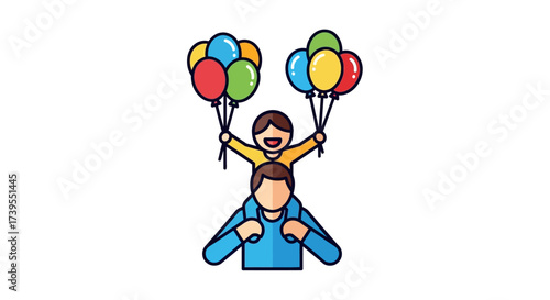 Illustration portraying father and child celebrating with balloons in cheerful vibrant style