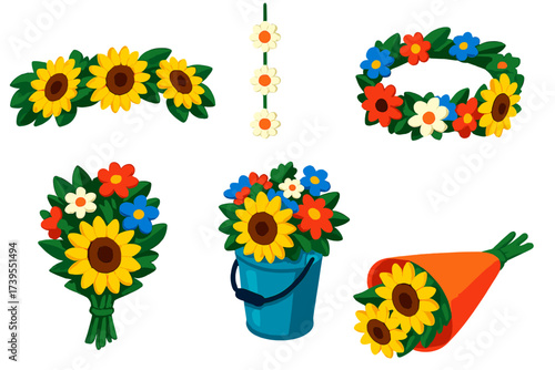 Festival Floral Icons. Isometric vector illustration set Festival Flower Collection: sunflower garland bundle, daisy chain hanging