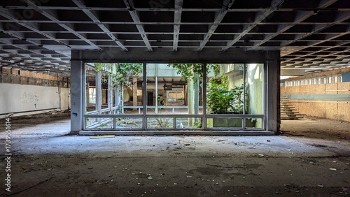 Abandoned industrial atrium terrarium, interior garden inside derelict ruins. Eerie natural light space, concrete grid ceiling, indoor plants, deserted crumbling architecture. Empty post apocalyptic.