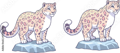 Snow leopard cartoon illustration, mountain cat mascot, icy wildlife character, fantasy animal artwork, vector cartoon, playful design, cold habitat
