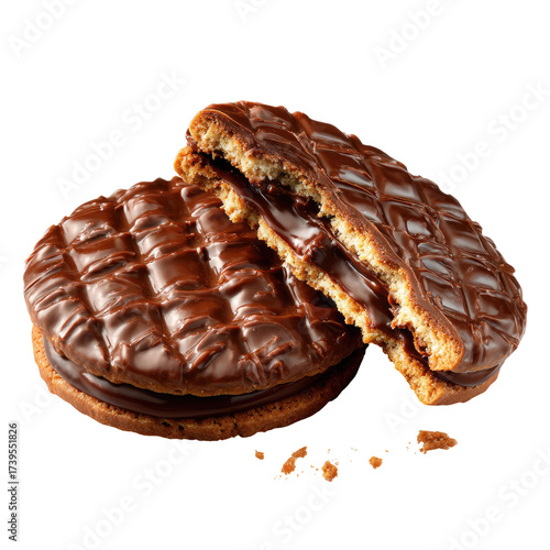 Close-up of two chocolate-covered sandwich cookies, one broken to reveal its filling