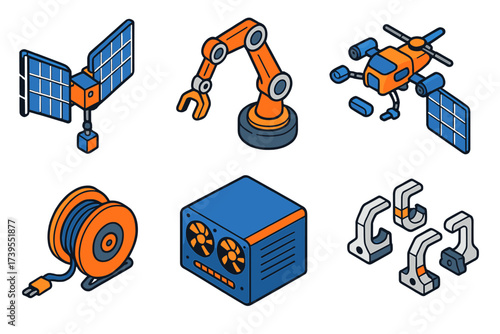 Space Engineering Tools. Isometric vector illustration set Space Engineering Tools: satellite panel in deployment, robotic