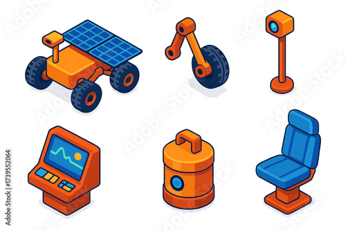 Moon Rover Components. Isometric vector illustration set Moon Vehicle Components: rover chassis with solar panels, suspension