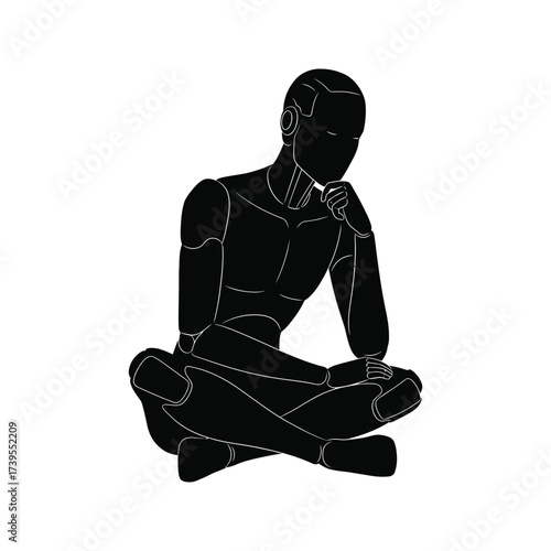 Silhouette of a thoughtful robot sitting in a meditative pose contemplating its existence