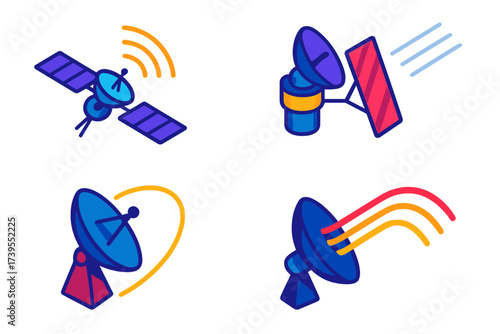 Interstellar Communication Icons. Isometric vector illustration set Interstellar Communication: probe antenna facing deep space,