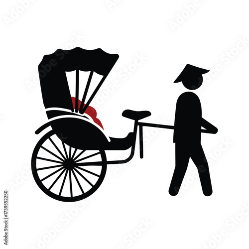 Silhouette of a traditional rickshaw driver in a conical hat pulling a passenger vehicle with red seating