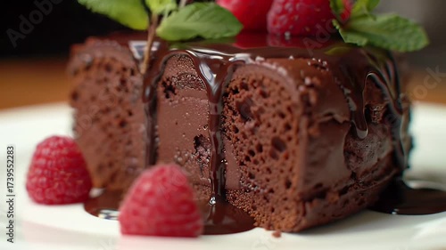 Rich Chocolate Dessert with Raspberry and Mint Garnish.