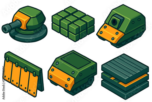 Tank Armor Components. Isometric vector illustration set Tank Armor Components: reinforced turret plating, reactive armor blocks,