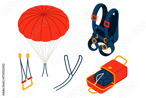 Parachute Equipment Illustration. Isometric vector illustration set Parachute Equipment Breakdown: round canopy layout, harness