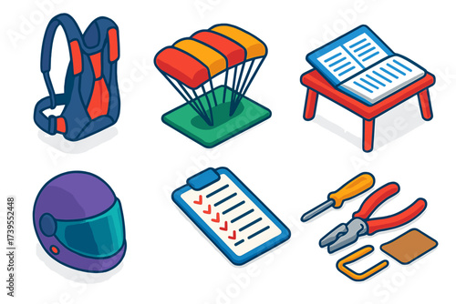Skydiving Training Essentials. Isometric vector illustration set Training Jump Kit: student harness rig, practice canopy layout,