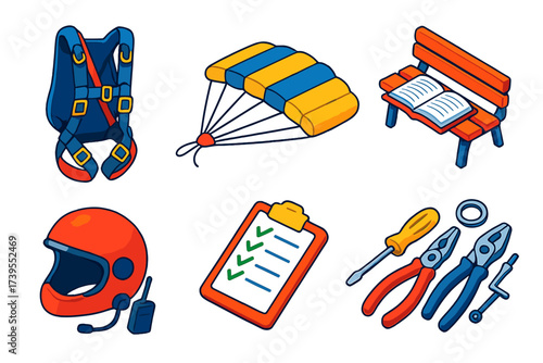 Skydiving Training Essentials. Isometric vector illustration set Training Jump Kit: student harness rig, practice canopy layout,