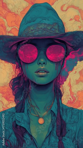 A colorful digital illustration of a woman in a hat and round sunglasses with vibrant tones. The image represents creativity, modern art, and psychedelic design concepts.