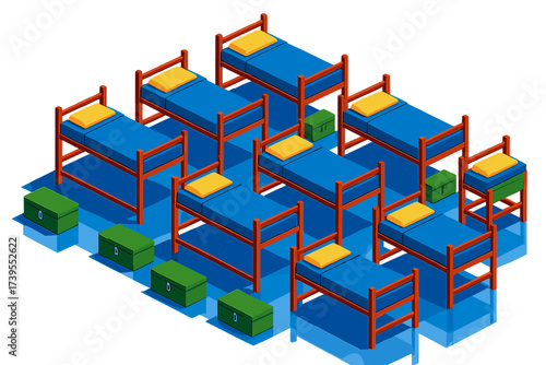 Organized Military Barracks. Isometric vector illustration set Organized Barracks Layout: row of bunks in formation, footlockers