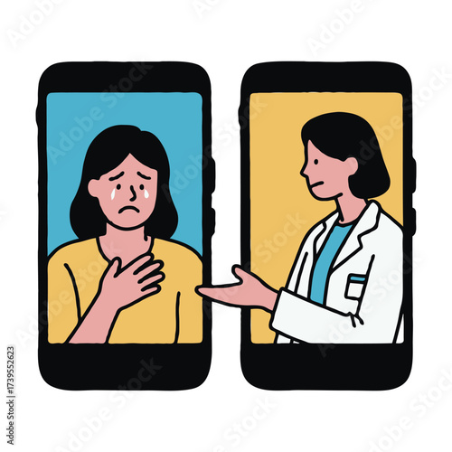 Illustration of a sad woman receiving emotional support from a female doctor via smartphone screens, on white background, concept of telehealth
