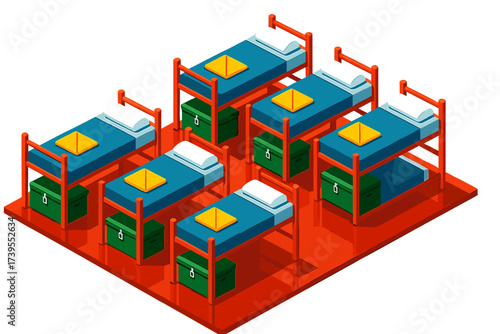 Organized Military Barracks. Isometric vector illustration set Organized Barracks Layout: row of bunks in formation, footlockers