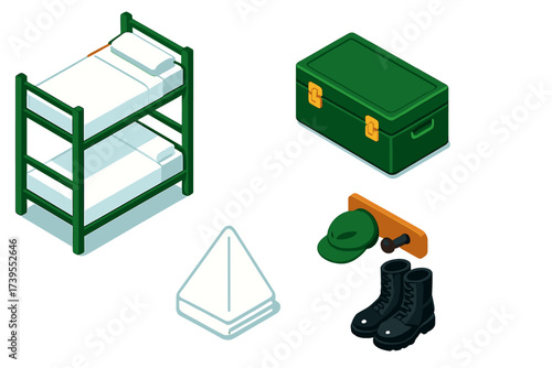 Inspection Ready Bunk. Isometric vector illustration set Inspection Ready Bunk Area: perfectly aligned bunk bed, pristine white