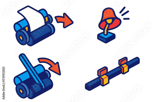 Typewriter Mechanism Details. Isometric vector illustration set Typing Carriage Detail: carriage arm in motion, paper roller