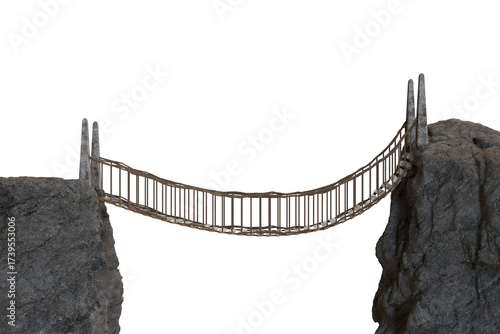 Εκτύπωση καμβά A precarious wooden suspension bridge, made of planks and ropes, spans a deep, dark chasm between two rugged, grey rock cliffs