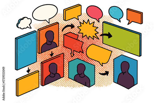 Comic Page Builder Kit. Isometric vector illustration set Comic Page Builder Kit: modular comic panels arranged on grid, multiple