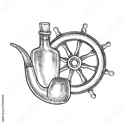 Ship steering wheel, smoking pipe and bottle of rum. Black and white graphics, handmade vector illustrations. Nautical theme. For stickers, invitation cards, posters and banners, packaging and more.