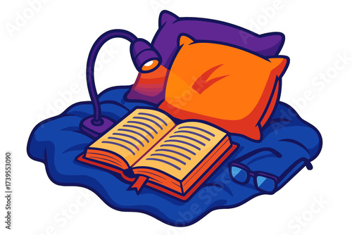 Cozy Reading Nook. Isometric vector illustration set Cozy Bedtime Reading Setup: book on plush blanket, glasses folded beside,