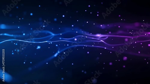 Abstract Flowing Blue and Purple Light Waves with Particles.
