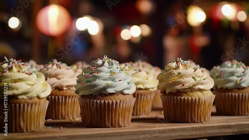Delicious Frosted Cupcakes Displayed on a Wooden Board.