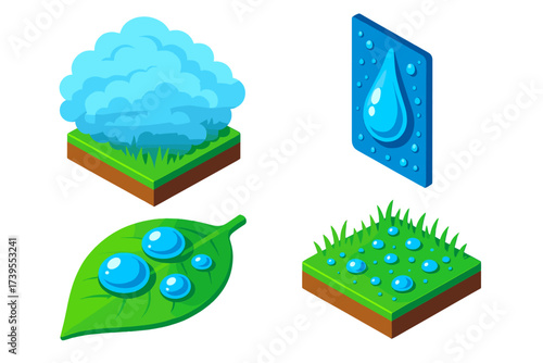 Dew Formation Icons. Isometric vector illustration set Moisture Formation Kit: collection of dew types including foggy