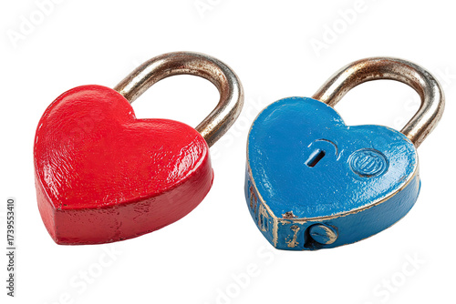 Two heart-shaped padlocks side-by-side, one red, one blue, against black background
