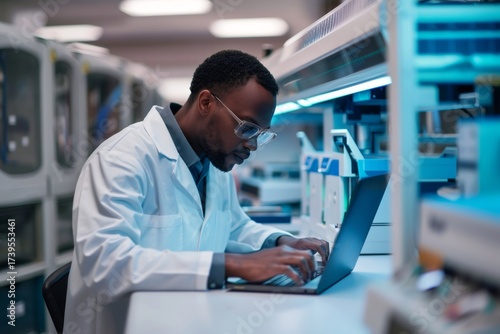 Black scientist researching genetics using laptop in laboratory