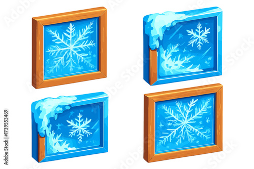 Frozen Window Details. Isometric vector illustration set Frozen Window Details: close-up view of window pane with symmetrical ice