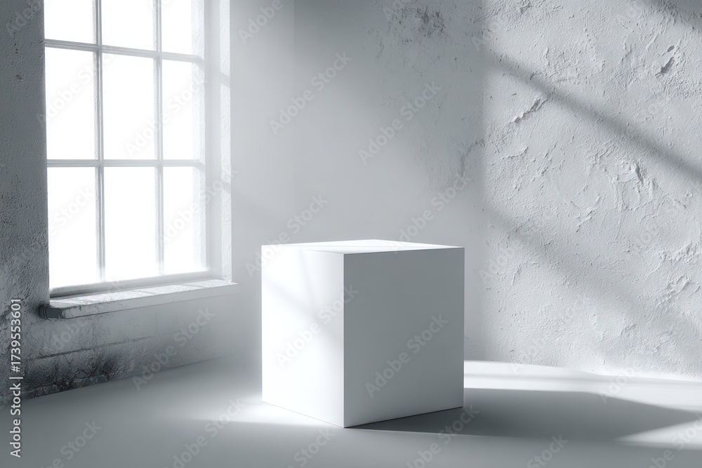 Fototapeta premium A white cube rests in a minimalist, sunlit room with shadows from a window