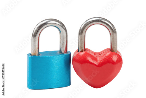 Two padlocks, one blue, one heart-shaped red, with shiny metal clasps, on a black background