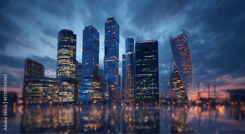 Fototapeta premium a modern financial district skyline at sunset, buildings in deep navy and slate blue tones, silver reflections, futuristic corporate atmosphere.