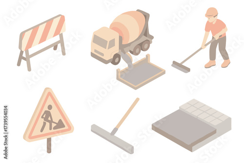 Construction Process Icons. Isometric vector illustration set Road Paving and Cement Pouring: traffic barrier, cement mixer