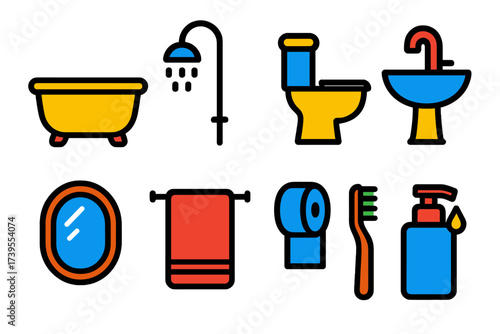 Bold Bathroom Icons. Flat vector icons of bathroom essentials: bathtub, shower, toilet, sink, mirror, towel, toilet paper,