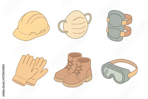 Bricklayer's Safety Gear. Isometric vector illustration set Bricklaying Protective Gear: construction helmet, dust mask, knee pads