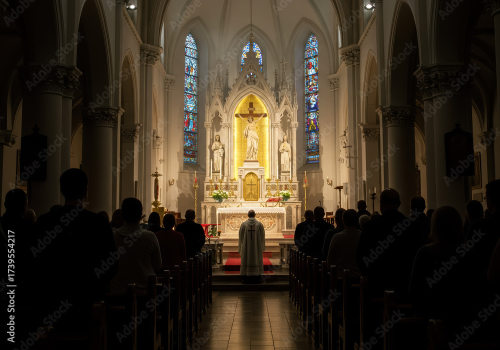 Fototapeta premium Solemn church service with priest officiating at the altar, bathed in sacred light, as congregants worship